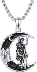 wholesale 925 Sterling Silver Gothic Grim Reaper on Crescent Moon Necklace Pendant for Men & Women-0-0