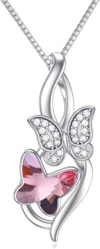 wholesale 925 Sterling Silver Butterfly Pink Crystal Heart Pendant Necklace Gift for Sisters and Friends-Butterfly-Pink