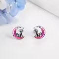 wholesale 925 Sterling Silver Black Cat on Crescent Moon Stud Earrings with Stars and Purple Glitter-0-4