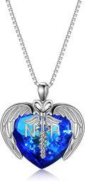 wholesale 925 Sterling Silver Blue Austrian Crystal Caduceus Angel Wing Nurse Pendant Necklace-0-0