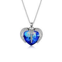 wholesale 925 Sterling Silver Blue Heart Pendant Necklace With Caduceus Wings N P Letters-Nurse-NP-Blue