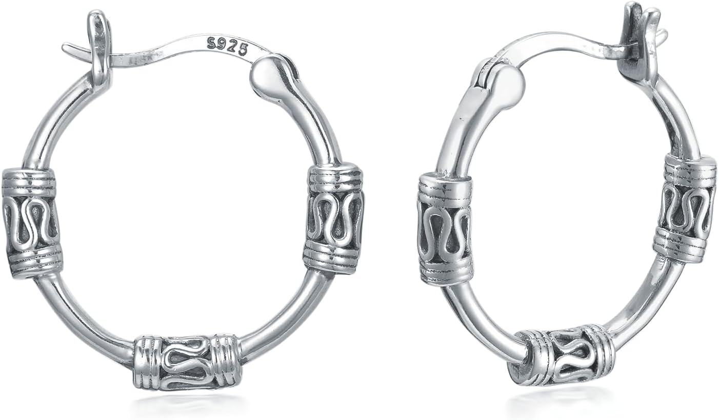 Sterling Silver Bali Boho Oxidized Hypoallergenic Huggie Hoop Earrings for Women Jewelry Gifts-Boho Bali Hoop Earrings-11
