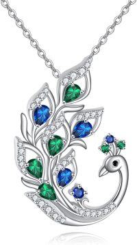 wholesale 925 Sterling Silver Green Blue Crystal Peacock Pendant Necklace for Women Birds Feathers Gemstone s-Peacock