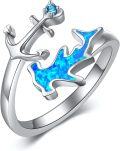 wholesale 925 Sterling Silver Blue Opal Whale Tail Crown Adjustable Ring Ocean  for Women Girls-0-0