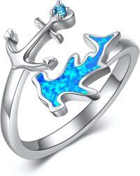 wholesale 925 Sterling Silver Blue Opal Whale Tail Crown Adjustable Ring Ocean  for Women Girls-Hammerhead Shark