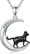 wholesale 925 Sterling Silver Crescent Moon with Black Cat and Cubic Zirconias Pendant Necklace for Women-0-0