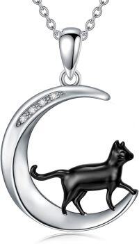 wholesale 925 Sterling Silver Crescent Moon with Black Cat and Cubic Zirconias Pendant Necklace for Women-Black Cat on Moon