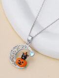 wholesale 925 Sterling Silver Halloween Pumpkin Black Cat Necklace with Blue Stone and Crescent Moon Design-0-3
