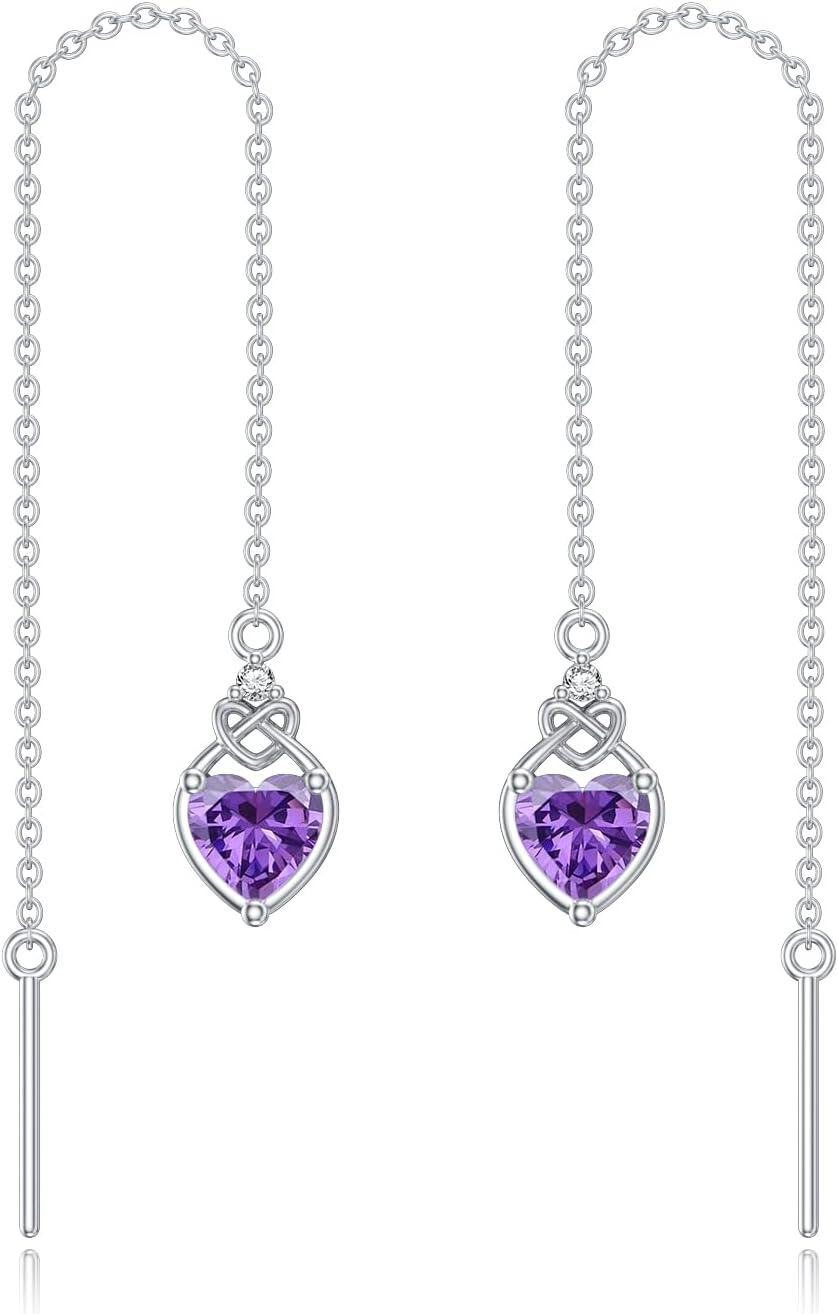 Sterling Silver Celtic Knot Heart Threader Earrings w 12 Birthstones-2-Feb-Amethyst Purple