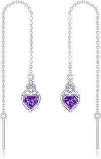 wholesale 925 Sterling Silver Celtic Knot Heart Threader Earrings w 12 Birthstones-2-Feb-Amethyst Purple