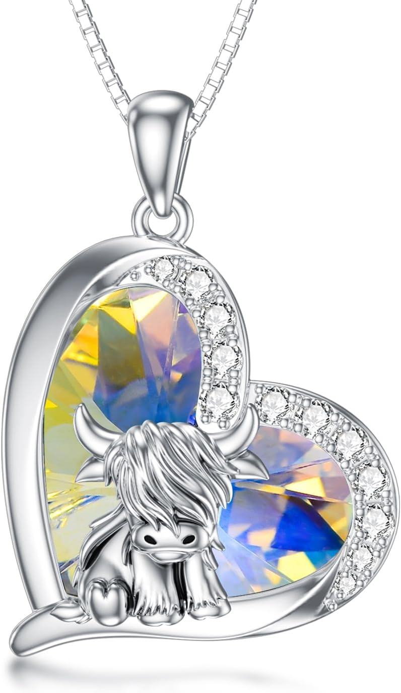 Sterling Silver Highland Cow Birthstone Necklace Jewelry Gifts for Women Girls-0-6-White Crystal-0-6-White Crystal