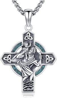 wholesale 925 Sterling Silver Celtic Trinity Knot Turquoise Saint Christopher Cross Pendant Necklace for Men & Women-B001-St. Christopher(Turquoise)
