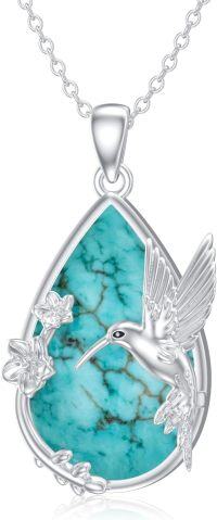 wholesale 925 Sterling Silver Natural Turquoise Hummingbird Flower Pendant Necklace for Women-Hummingbird with Teardrop