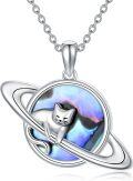 wholesale 925 Sterling Silver Galaxy Cat Pendant Necklaces with Abalone Shell and Musical Notes  for Women Girls Lover Friends (Purple)-0-0