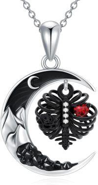 wholesale 925 Sterling Silver Gothic Black Butterfly Red Heart Moon Pendant Necklace-Rib