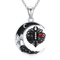 wholesale 925 Sterling Silver Gothic Black Butterfly Red Heart Moon Pendant Necklace-Rib