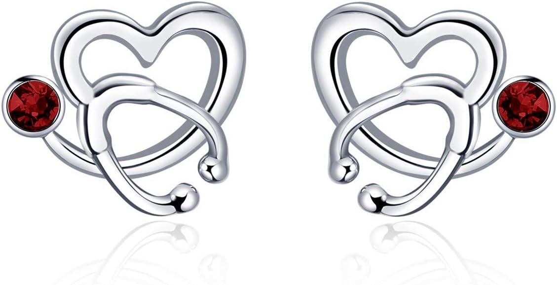 Sterling Silver Austria Crystal Nurse Earrings Stethoscope Studs Graduation Gifts for RN Doctor Medical Student-Simulated Ruby