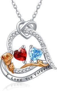 wholesale  Sterling Silver 2 Birthstones Rose Heart Necklace for Women -01-12-Jan-Dec