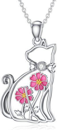 wholesale Sterling Silver Lab Grown Diamond Cat Birth Flower Necklace for Women-10-Cat and Cosmos