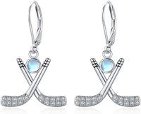 wholesale 925 Sterling Silver Crossed Hockey Sticks with Moonstones Leverback Drop Earrings for Women's  Ideas-Hockey