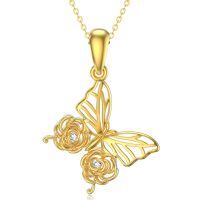 wholesale 14k Yellow Gold Butterfly And Flower Pendant Necklace With Lab Diamond Accents-Butterfly
