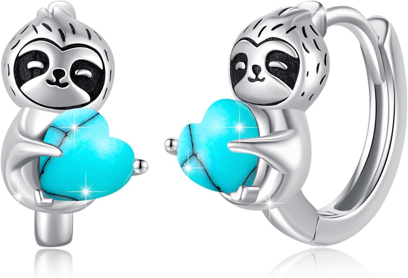 Sterling Silver Hypoallergenic Sloth Hoop Earrings for Women Girls Teens-Lake Blue