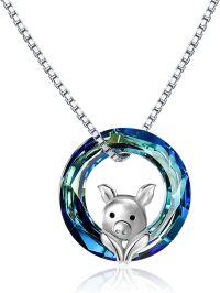 wholesale 925 Sterling Silver Blue Crystal Circle with Pig Charm Pendant Necklace for Women and Girls Gifts-0.55\" Blue Crystal