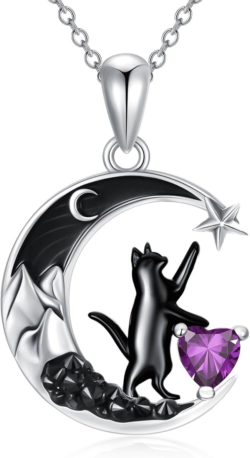 Sterling Silver Black Cat Necklace with Heart Birthstone Crescent Moon Star Pendant Gothic Jewelry Gift for Women Wife Cat Lover-02-Feb-Amethyst