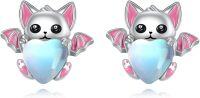 wholesale 925 Sterling Silver Heart-Shaped Cat with Wings Moonstone Stud Earrings for Women Girls Gift Idea-Bat earrings
