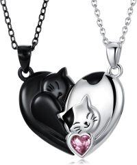wholesale Sterling Silver Love Arrow Cat Couples Heart Necklaces Gifts for Couples-Couple Cat-October Birthstone
