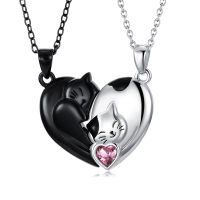 wholesale 925 Sterling Silver Love Arrow Cat Couples Heart Necklaces Gifts for Couples-Couple Cat-October Birthstone