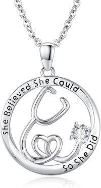 wholesale 925 Sterling Silver & Zircon Stethoscope Necklace for Medical Staff - 20mm Pendant, 18+2 Chain, 4.6g - Inspirational Gift for Doctors, Nurses (US Only)-white