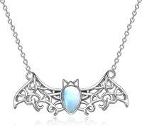 wholesale 925 Sterling Silver Rainbow Moonstone Bat Pendant Necklace with Chain 45cm Length-silver-bat