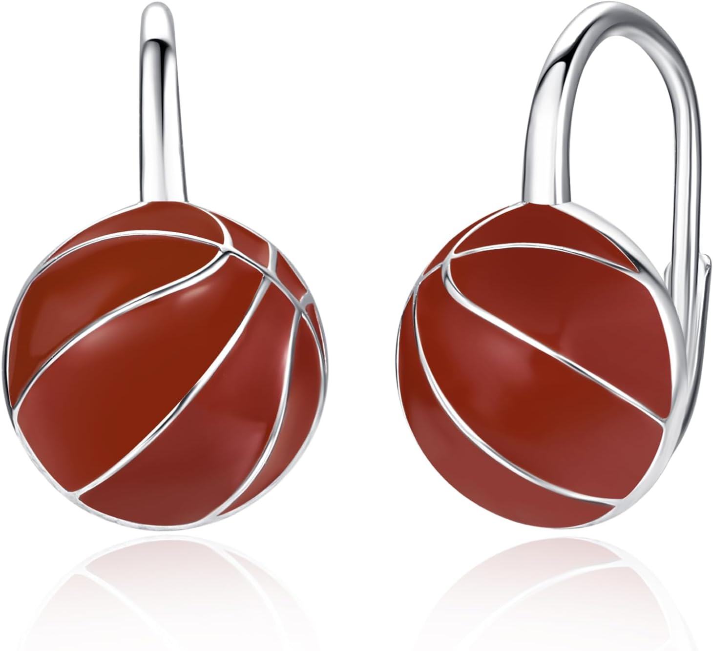  Sterling Silver Hypoallergenic Sports Ball Dangle Leverback Earrings for Women -Basketball