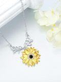 wholesale 925 Sterling Silver Plated Gold Sunflower Necklace with Black Cubic Zirconia Center and Leaf Design - Elegant Gift for Women-0-5