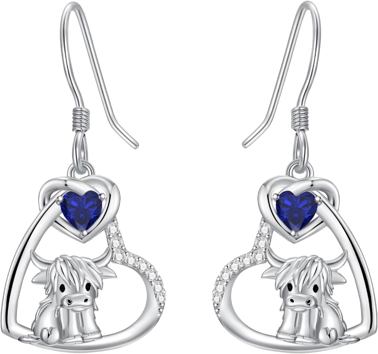 Sterling Silver Birthstone Highland Cow Dangle Earrings Scotland Western Gift-09-Sep-Sapphire