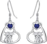 wholesale 925 Sterling Silver Birthstone Highland Cow Dangle Earrings Scotland Western Gift-09-Sep-Sapphire