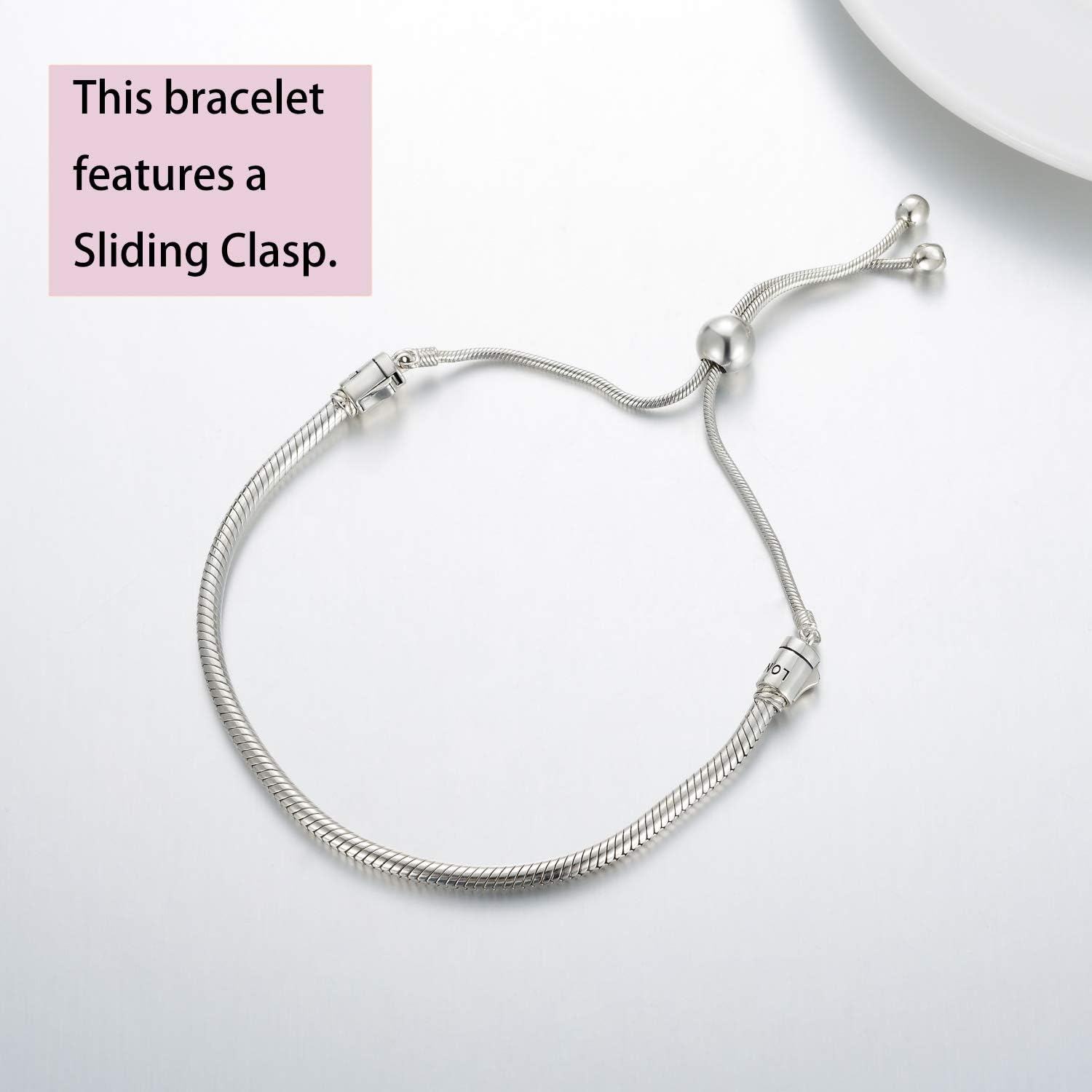 925 Sterling Silver Snake Chain Slide Lock Adjustable Length Snakeskin Beads Bracelet for Women's s-0-1