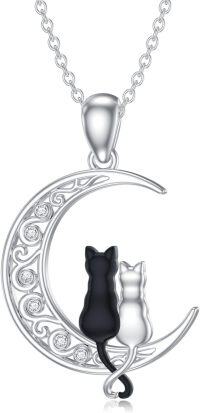 wholesale 925 Sterling Silver Cubic Zirconia Accent Black and White Cats Crescent Moon Pendant Necklace for Women-Two Cats&Auspicious Cloud