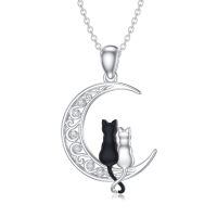wholesale 925 Sterling Silver Crescent Moon Cat Pendant-Two Cats&Auspicious Cloud