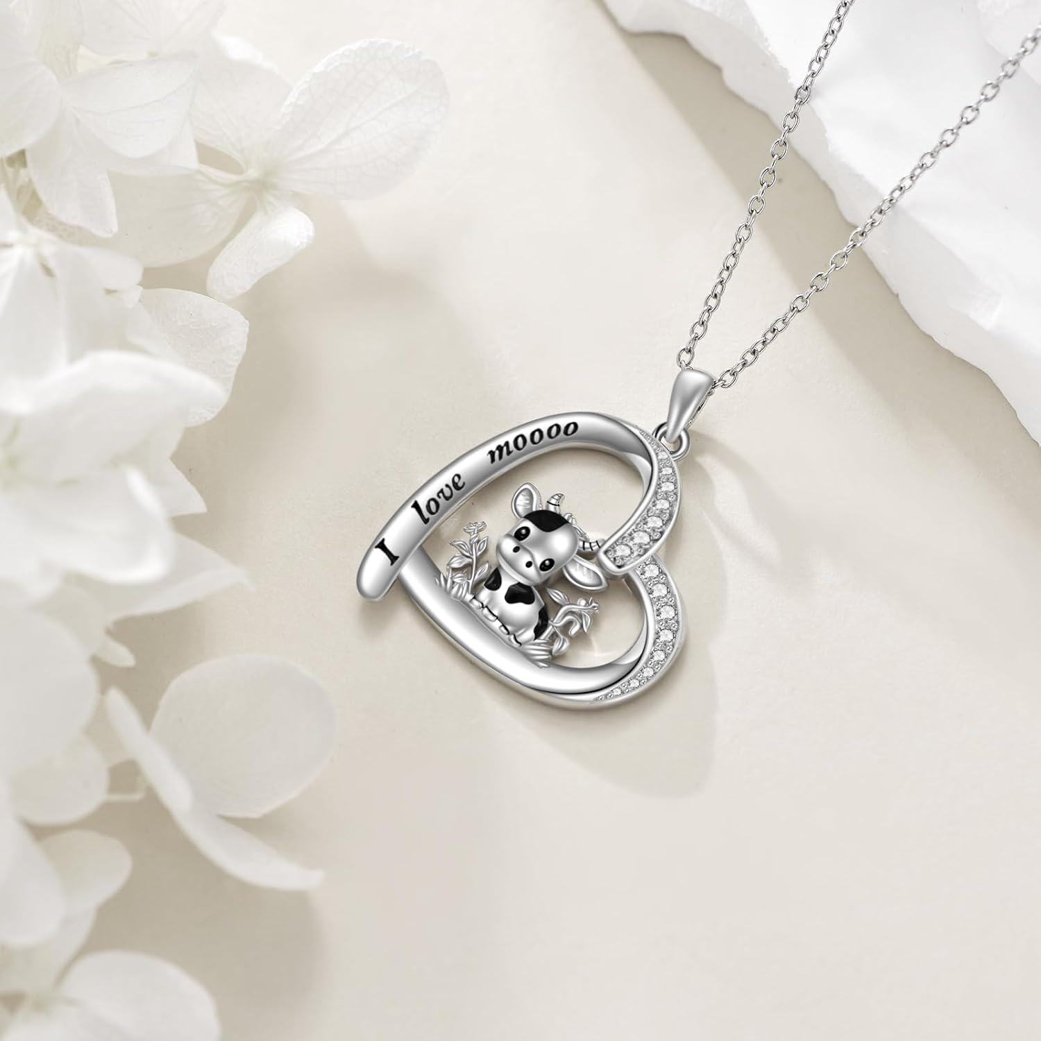 Sterling Silver Heart Pendant Necklace with Cute Animal Charms (Cow Squirrel Guinea Pig Bulldog Axolotl) for Women Teens-0-5