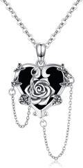 wholesale 925 Sterling Silver Heart-Shaped Black Onyx Rose Flower Pendant Necklace for Women Girls  45cm Chain Length-0-0