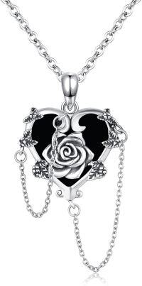 wholesale 925 Sterling Silver Heart-Shaped Black Onyx Rose Flower Pendant Necklace for Women Girls  45cm Chain Length-Rose