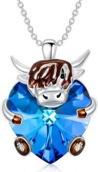 wholesale 925 Sterling Silver Blue Crystal Heart Highland Cow Pendant Necklace Gifts for Women-Crystal