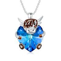 wholesale 925 Sterling Silver Blue Crystal Heart Highland Cow Pendant Necklace Gifts for Women-Crystal