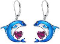 wholesale Sterling Silver Birthstone Blue Dolphin Dangle Earrings for Women-July