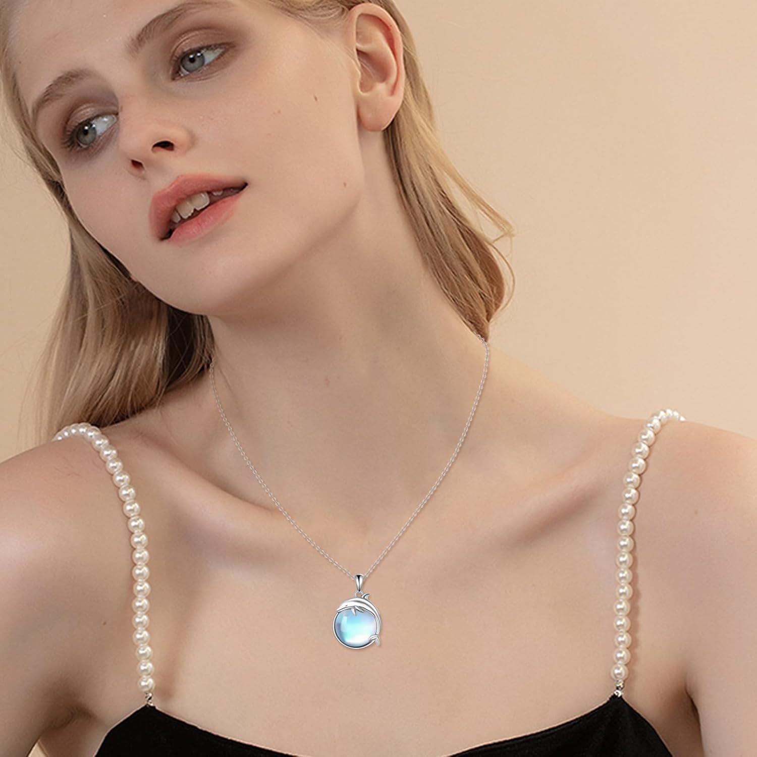 925 Sterling Silver Dolphin Blue Moonstone Pendant Necklace for Women's Gifts-0-1
