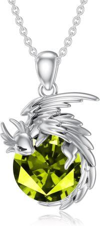 wholesale Sterling Silver Birthstone Wyvern Dragon Pendant Necklace for Women-August(Peridot)
