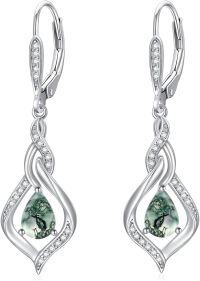 wholesale Sterling Silver Opal Blue Pink White Moonstone Moss Agate Heart Teardrop Leverback Earrings-Moss Agate