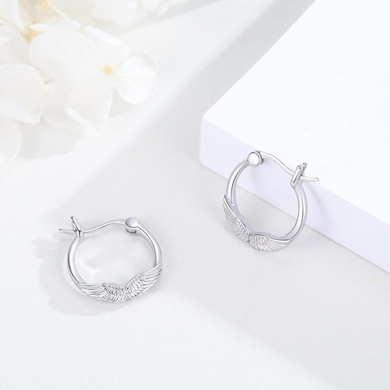 wholesale Silver 925 Sterling Silver Angel Wing Feather Cross Dangle Drop Earring for Women Men Small Hoop-0-1